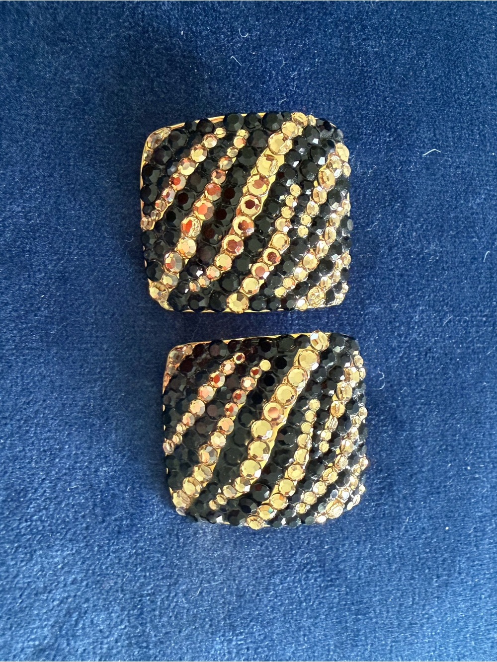 Gold and Black Zebra Print Crystal Square Clip-On Earrings VTG 80's-90's